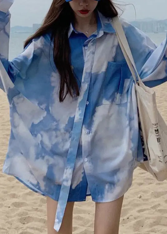Plus Size Blue Tie Dye Button Patchwork Cotton Shirt Top Fall Ada Fashion