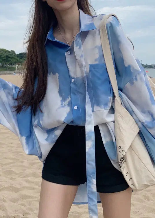 Plus Size Blue Tie Dye Button Patchwork Cotton Shirt Top Fall Ada Fashion