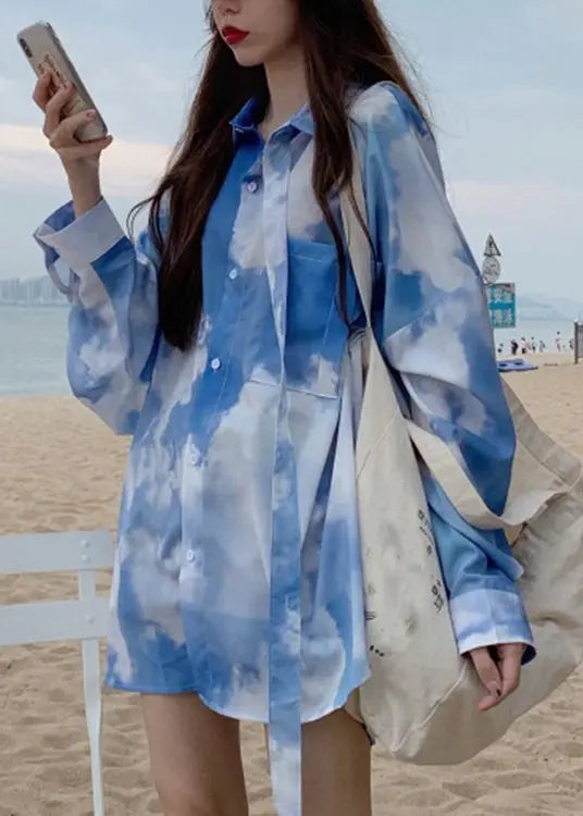 Plus Size Blue Tie Dye Button Patchwork Cotton Shirt Top Fall Ada Fashion
