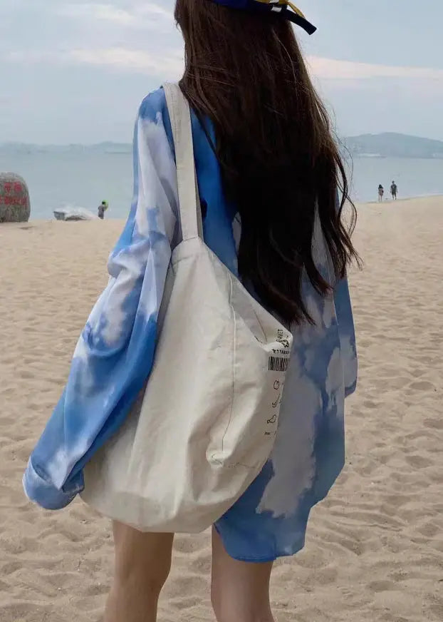 Plus Size Blue Tie Dye Button Patchwork Cotton Shirt Top Fall Ada Fashion