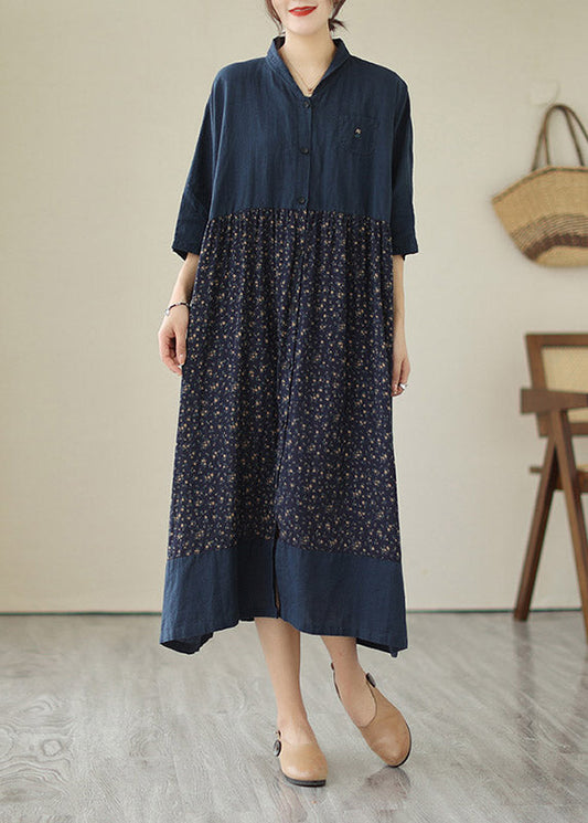 Plus Size Blue V Neck Print Patchwork Button Cotton Long Dresses Summer LY4475 - fabuloryshop
