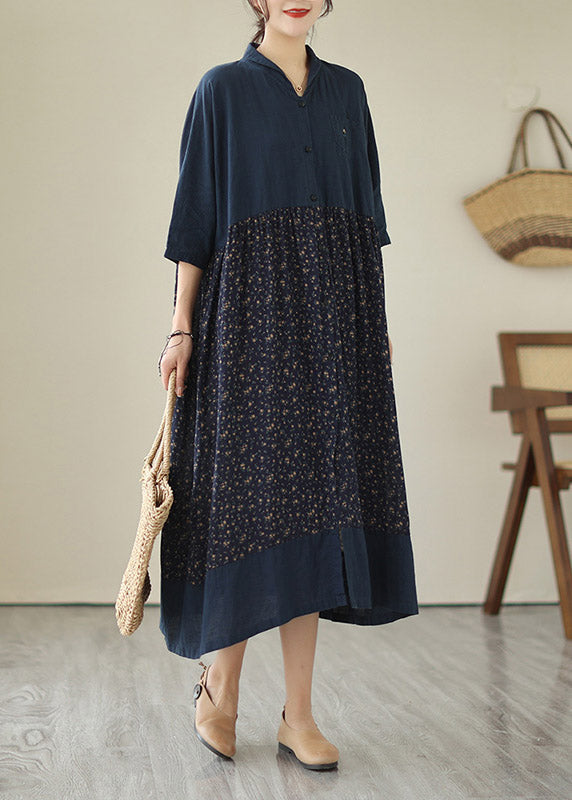 Plus Size Blue V Neck Print Patchwork Button Cotton Long Dresses Summer LY4475 - fabuloryshop
