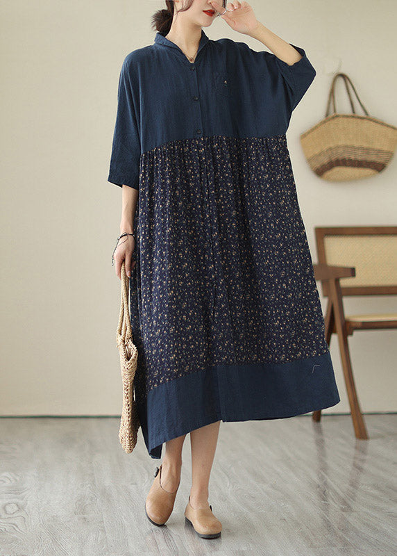 Plus Size Blue V Neck Print Patchwork Button Cotton Long Dresses Summer LY4475 - fabuloryshop