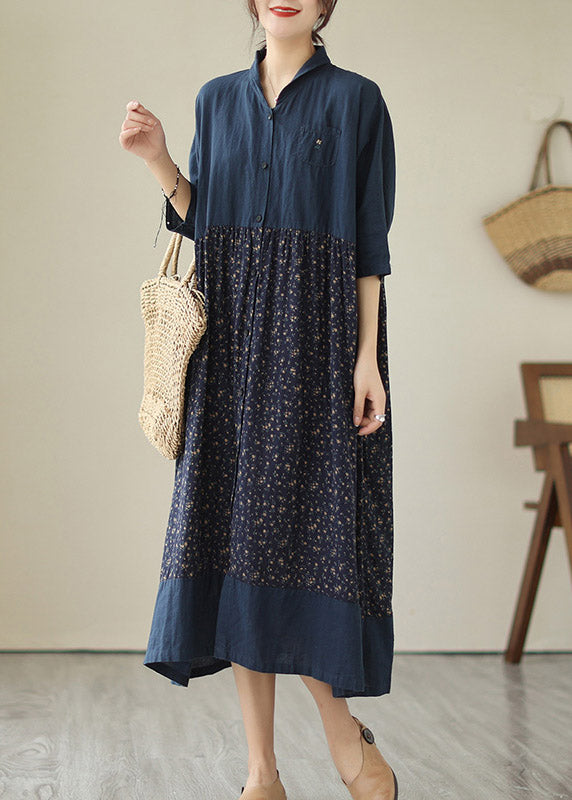 Plus Size Blue V Neck Print Patchwork Button Cotton Long Dresses Summer LY4475 - fabuloryshop