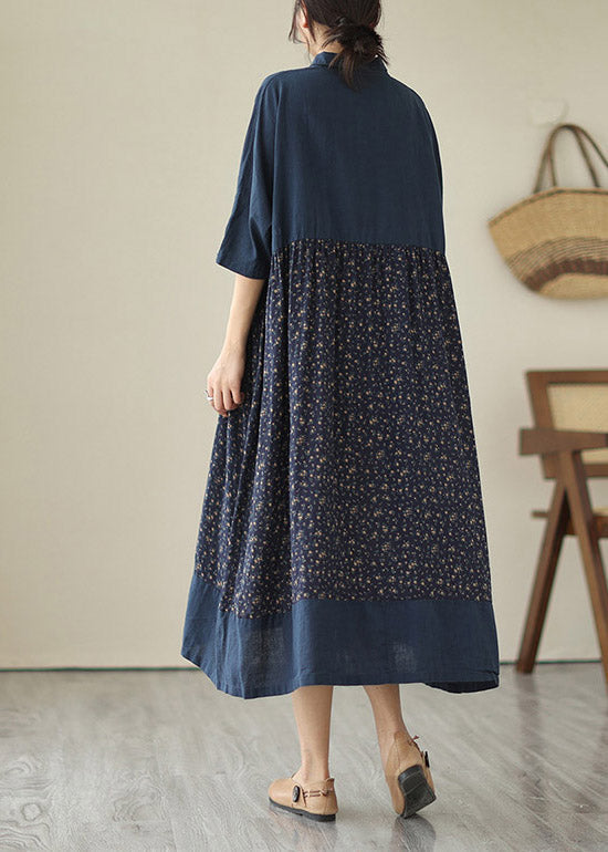 Plus Size Blue V Neck Print Patchwork Button Cotton Long Dresses Summer LY4475 - fabuloryshop