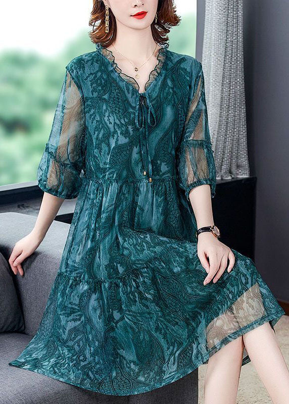 Plus Size Blue V Neck Print Tulle Holiday Dress Summer TH1011 - fabuloryshop