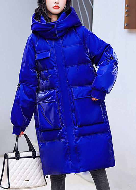 Plus Size Blue Zippered Pockets Warm Fleece Bright Hooded Parka Long Sleeve Ada Fashion