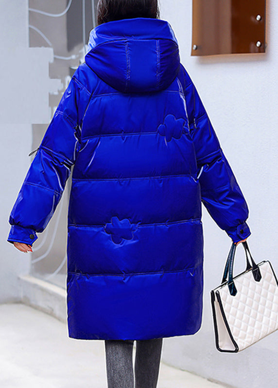 Plus Size Blue Zippered Pockets Warm Fleece Bright Hooded Parka Long Sleeve Ada Fashion