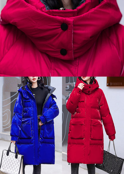 Plus Size Blue Zippered Pockets Warm Fleece Bright Hooded Parka Long Sleeve Ada Fashion