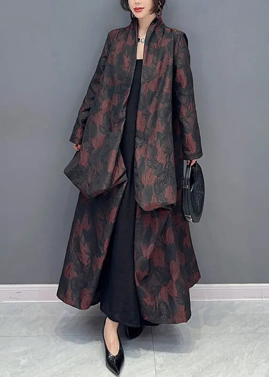 Plus Size Brown Asymmetrical Jacquard Patchwork Cotton Cardigan Fall Ada Fashion