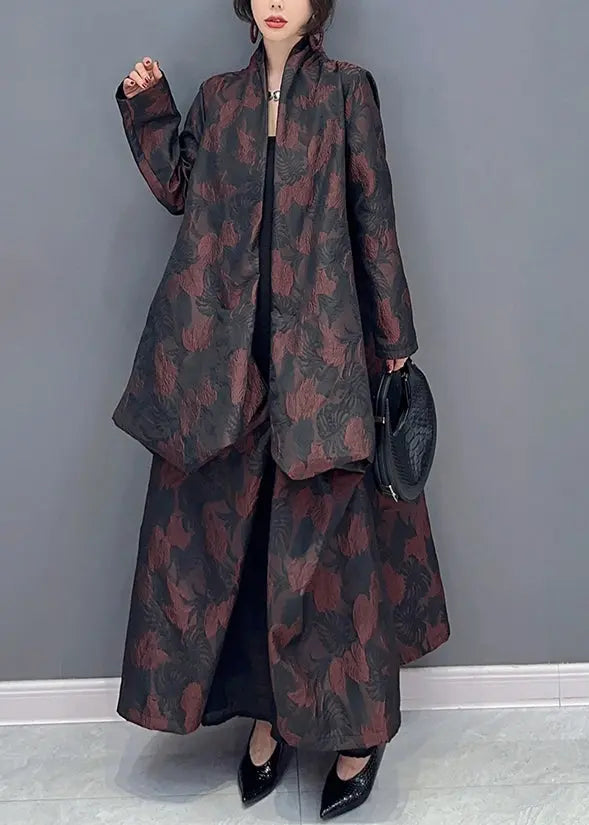 Plus Size Brown Asymmetrical Jacquard Patchwork Cotton Cardigan Fall Ada Fashion