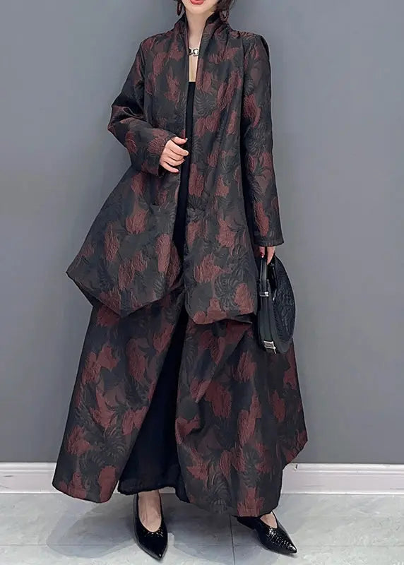Plus Size Brown Asymmetrical Jacquard Patchwork Cotton Cardigan Fall Ada Fashion