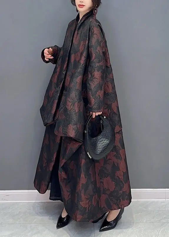 Plus Size Brown Asymmetrical Jacquard Patchwork Cotton Cardigan Fall Ada Fashion