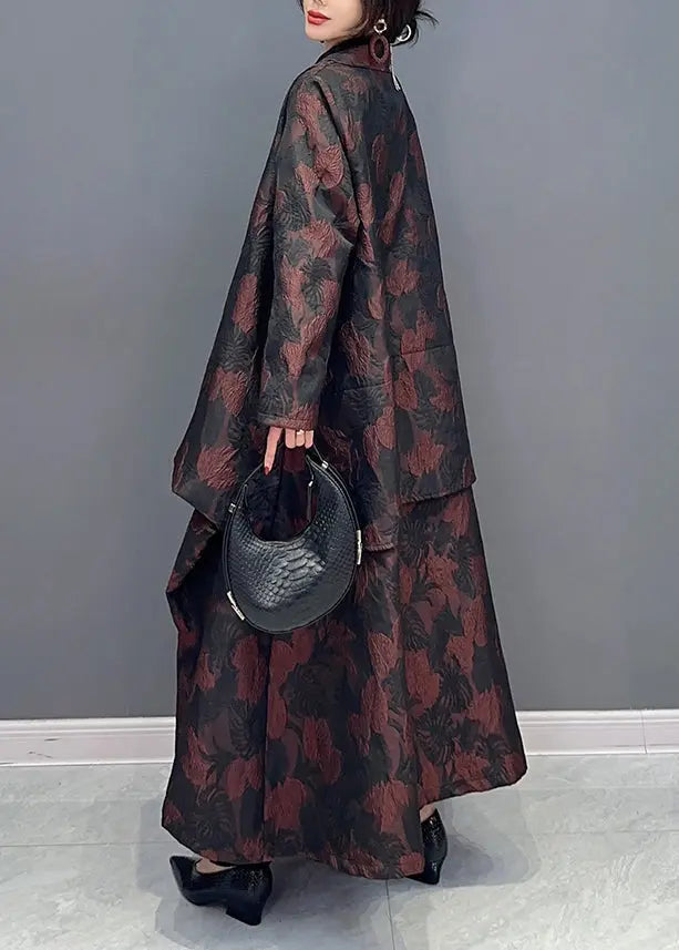 Plus Size Brown Asymmetrical Jacquard Patchwork Cotton Cardigan Fall Ada Fashion