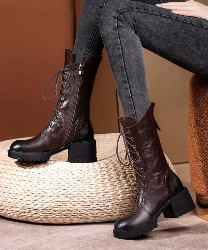 Plus Size Brown Boots Cross Strap Splicing Chunky Ada Fashion