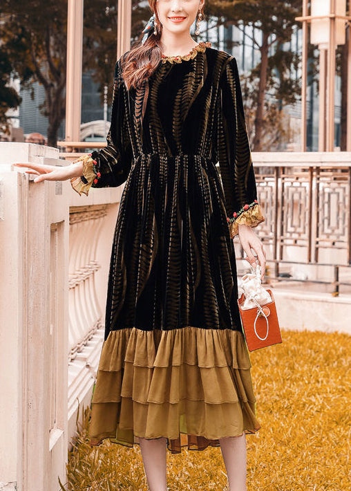 Plus Size Brown Cinched Patchwork Ruffles Silk Velour Dress Spring LY0737 - fabuloryshop