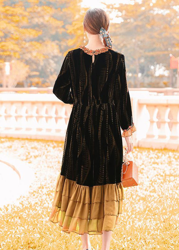 Plus Size Brown Cinched Patchwork Ruffles Silk Velour Dress Spring LY0737 - fabuloryshop