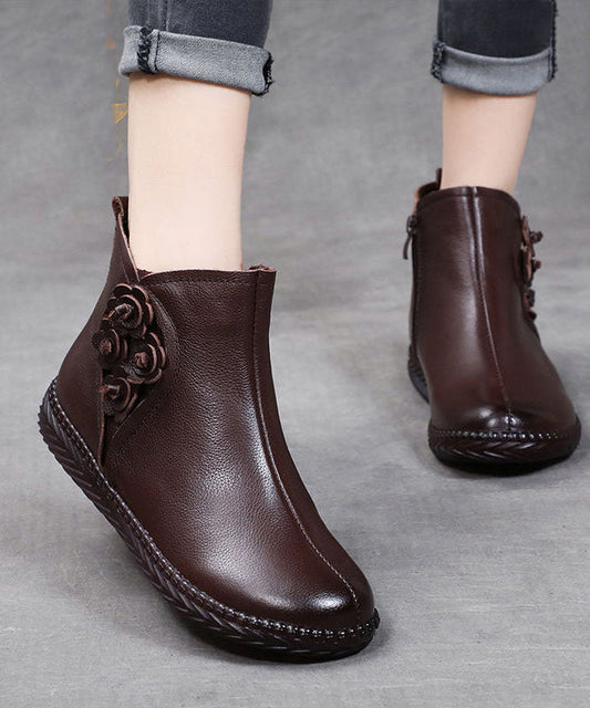 Plus Size Brown Cowhide Leather Warm Fleece Boots Zippered Ankle Boots LY0183 - fabuloryshop
