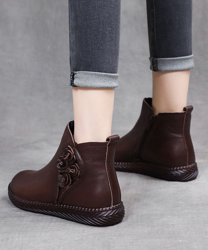 Plus Size Brown Cowhide Leather Warm Fleece Boots Zippered Ankle Boots LY0183 - fabuloryshop