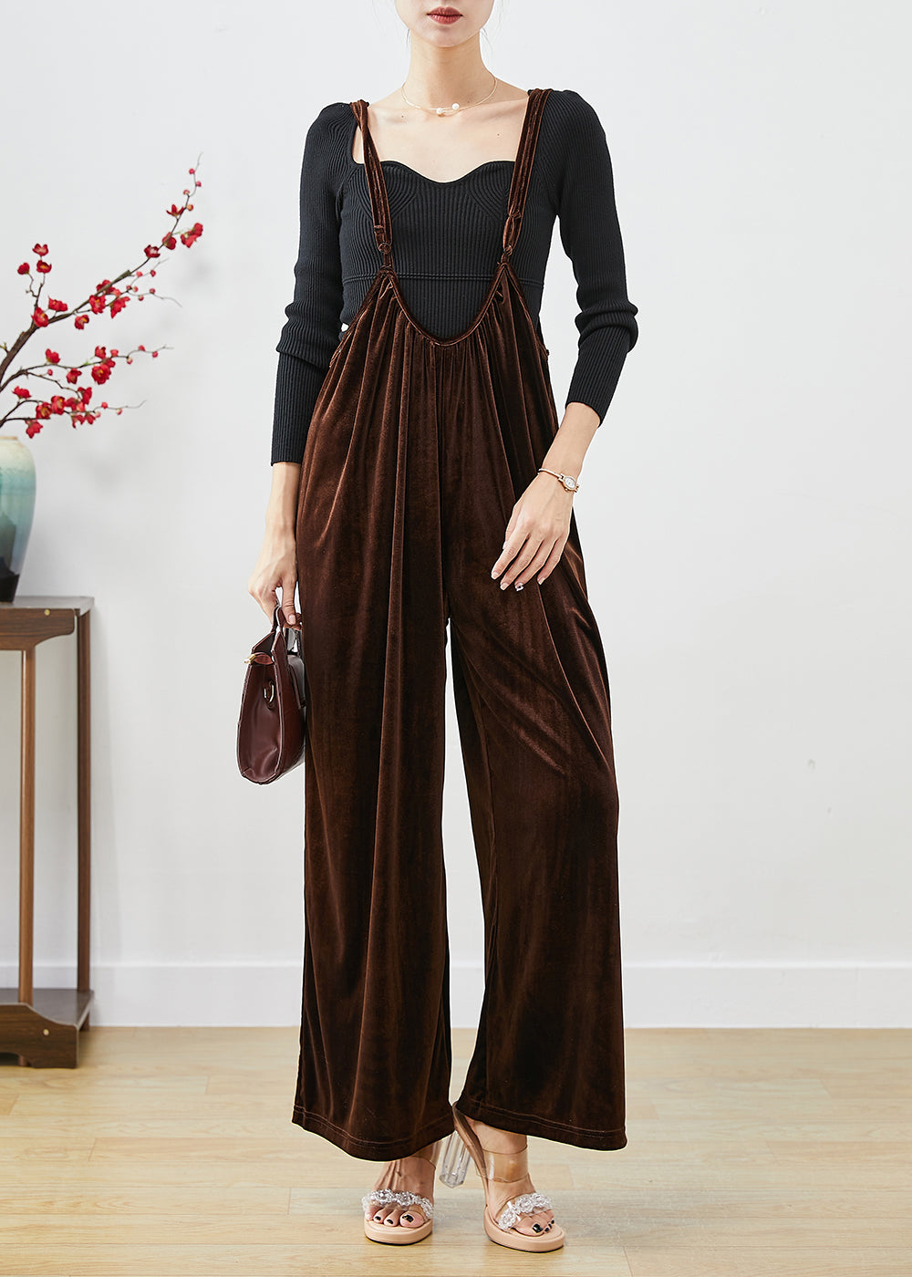 Plus Size Brown Oversized Silk Velour Wide Leg Strap Pants Fall Ada Fashion