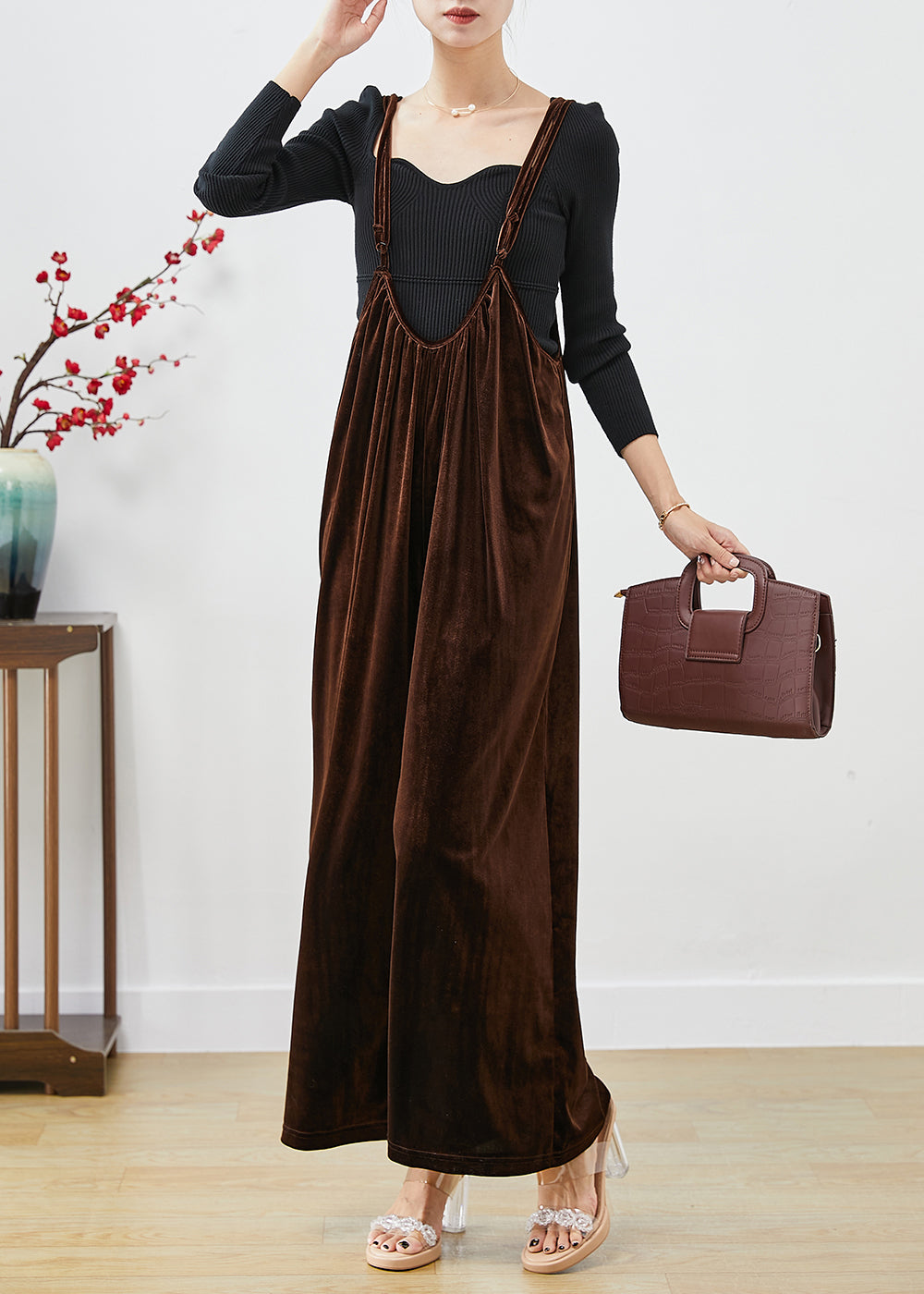 Plus Size Brown Oversized Silk Velour Wide Leg Strap Pants Fall Ada Fashion