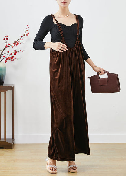 Plus Size Brown Oversized Silk Velour Wide Leg Strap Pants Fall Ada Fashion