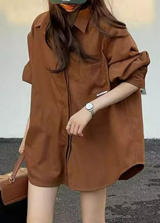Plus Size Brown Peter Pan Collar Button Shirt Fall Ada Fashion