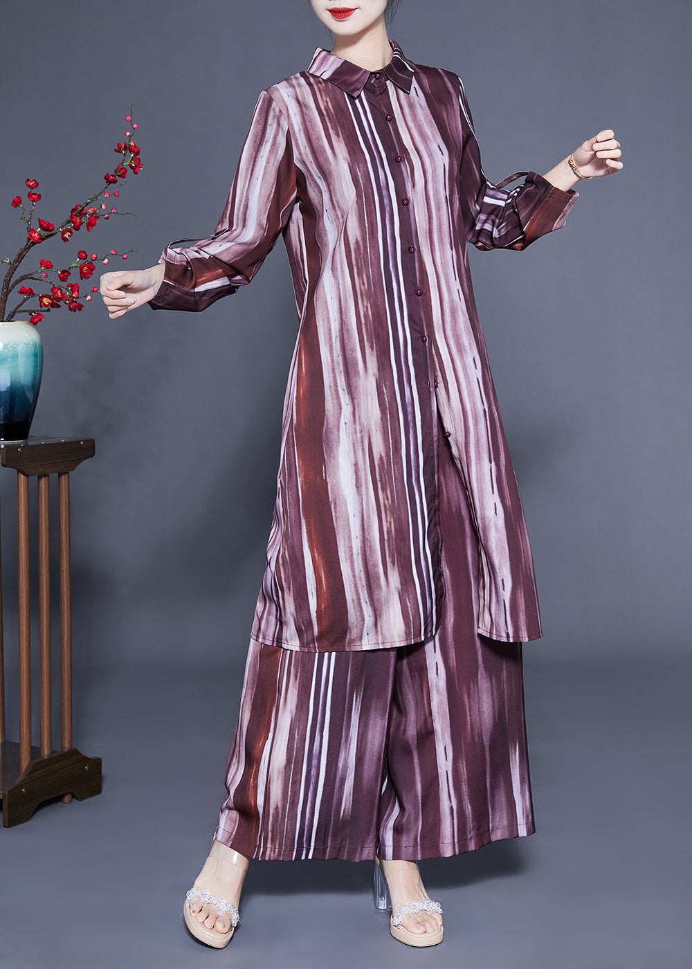 Plus Size Brown Peter Pan Collar Tie Dye Silk Long Shirt And Straight Pants Two Pieces Set Spring LC0409 - fabuloryshop