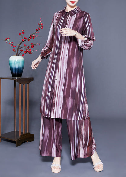 Plus Size Brown Peter Pan Collar Tie Dye Silk Long Shirt And Straight Pants Two Pieces Set Spring LC0409 - fabuloryshop