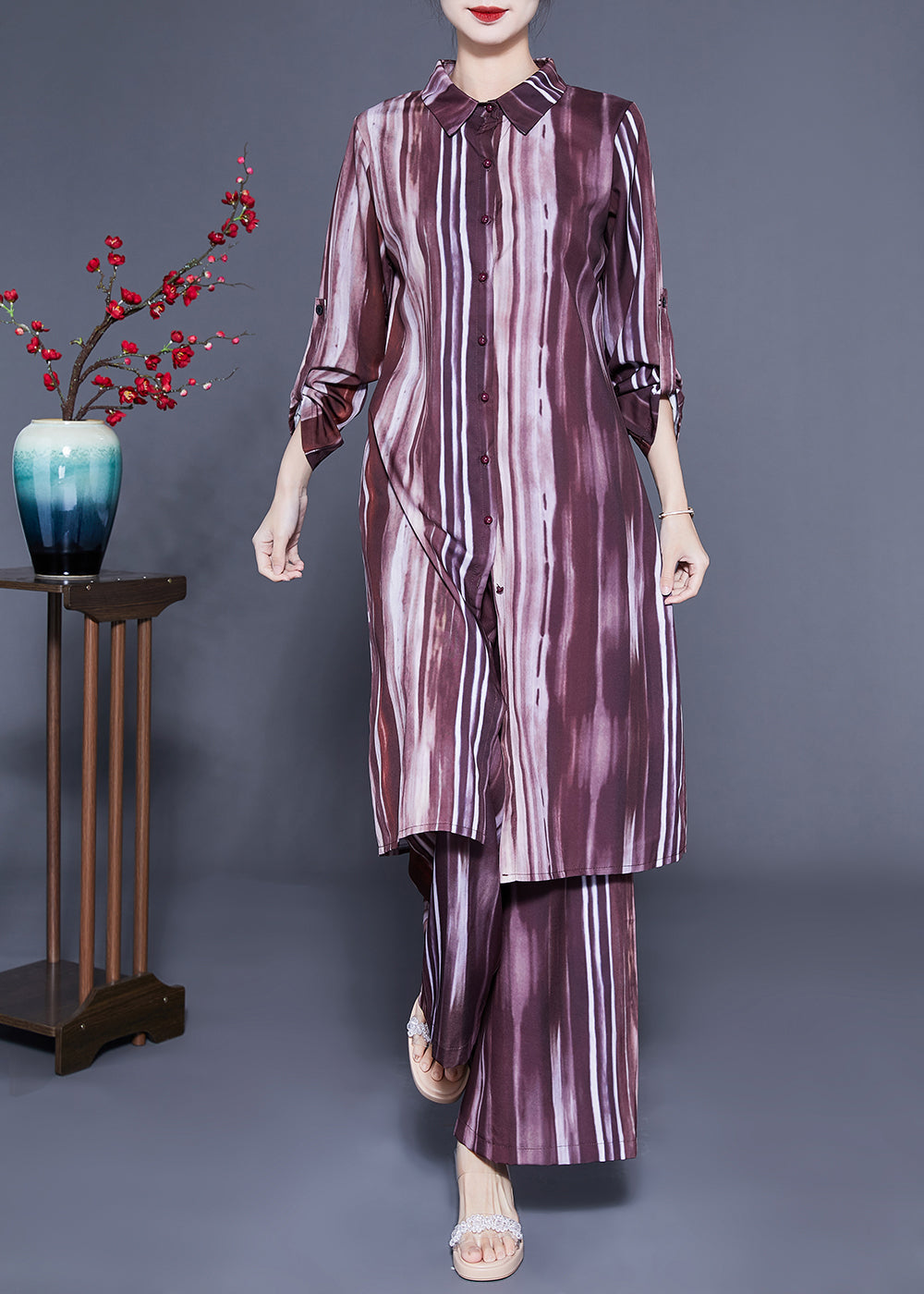 Plus Size Brown Peter Pan Collar Tie Dye Silk Long Shirt And Straight Pants Two Pieces Set Spring LC0409 - fabuloryshop