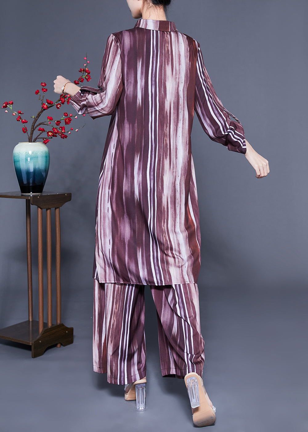 Plus Size Brown Peter Pan Collar Tie Dye Silk Long Shirt And Straight Pants Two Pieces Set Spring LC0409 - fabuloryshop