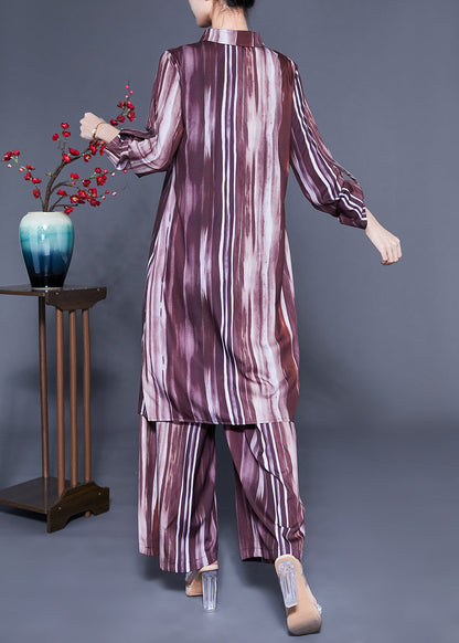 Plus Size Brown Peter Pan Collar Tie Dye Silk Long Shirt And Straight Pants Two Pieces Set Spring LC0409 - fabuloryshop