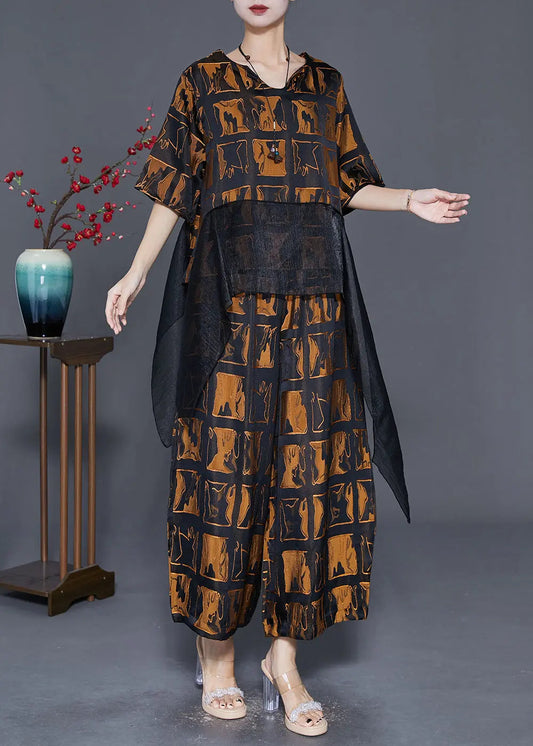 Plus Size Brown Plaid Patchwork Silk Two Pieces Set Fall Ada Fashion