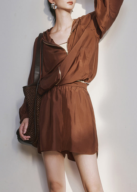 Plus Size Brown Zippered Cinched Hooded UPF 50+ Coat And Shorts Two Pieces Set Summer Ada Fashion