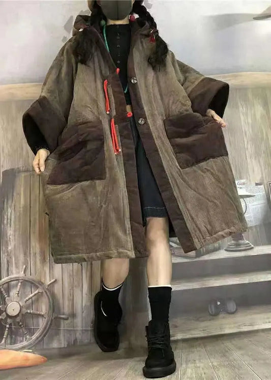 Plus Size Camel Hooded Pockets Patchwork Corduroy Warm Fleece Coat Winter Ada Fashion