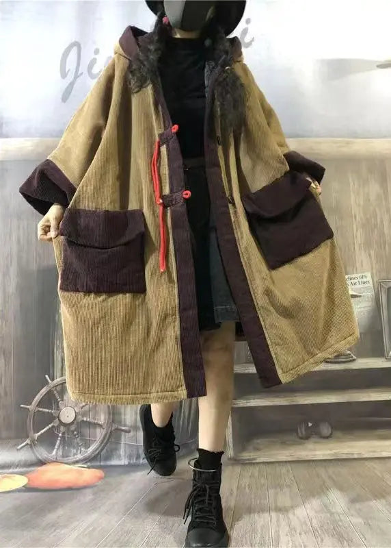 Plus Size Camel Hooded Pockets Patchwork Corduroy Warm Fleece Coat Winter Ada Fashion