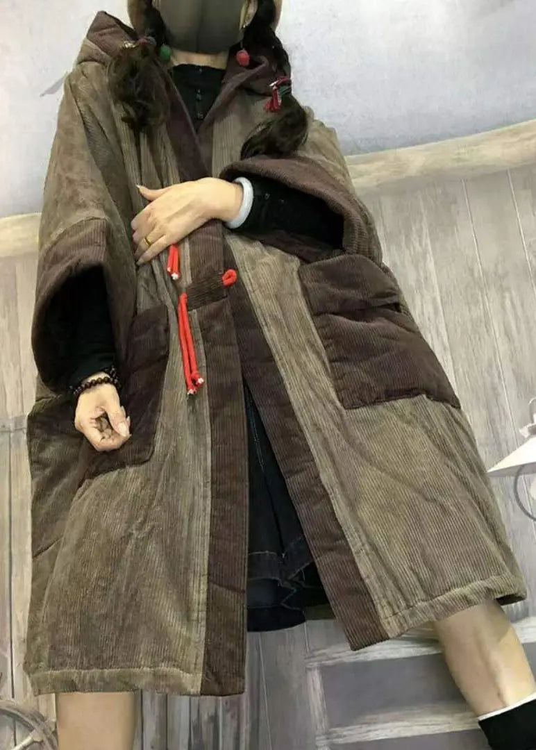 Plus Size Camel Hooded Pockets Patchwork Corduroy Warm Fleece Coat Winter Ada Fashion