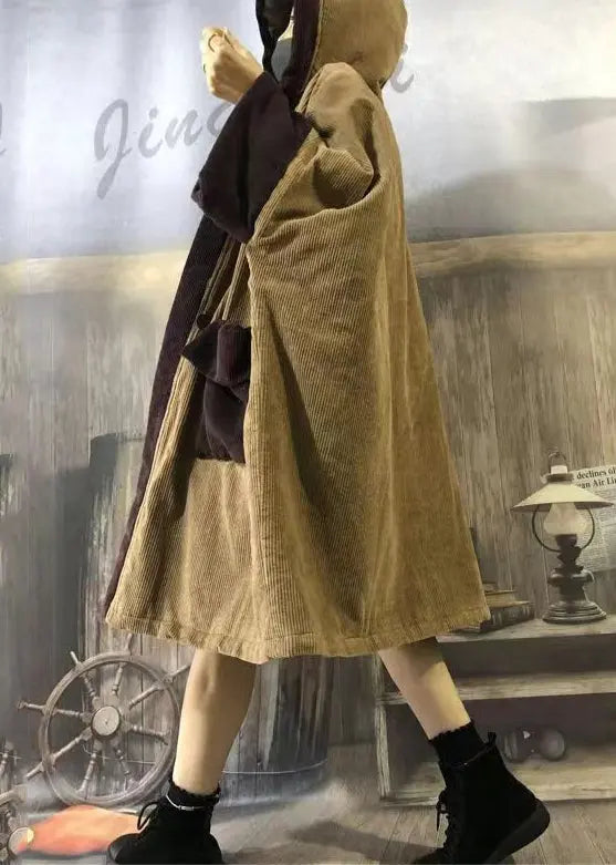 Plus Size Camel Hooded Pockets Patchwork Corduroy Warm Fleece Coat Winter Ada Fashion