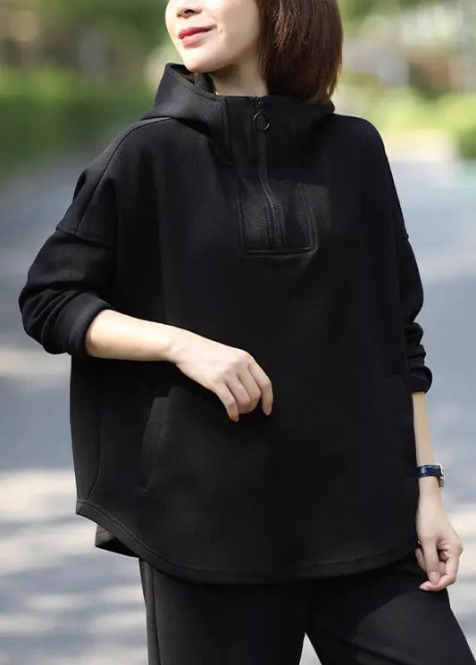 Plus Size Casual Black Hooded Cotton Pullover Sweatshirt Fall Ada Fashion