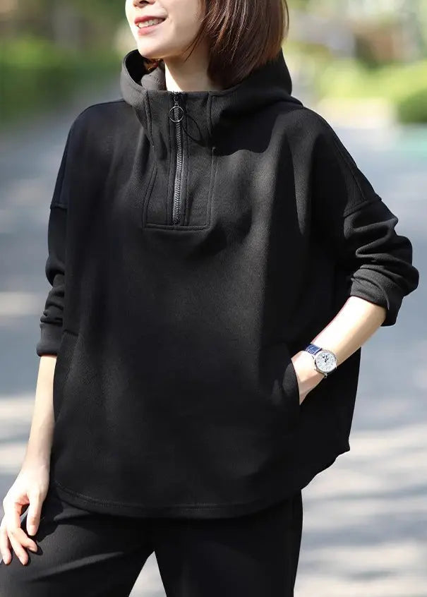 Plus Size Casual Black Hooded Cotton Pullover Sweatshirt Fall Ada Fashion