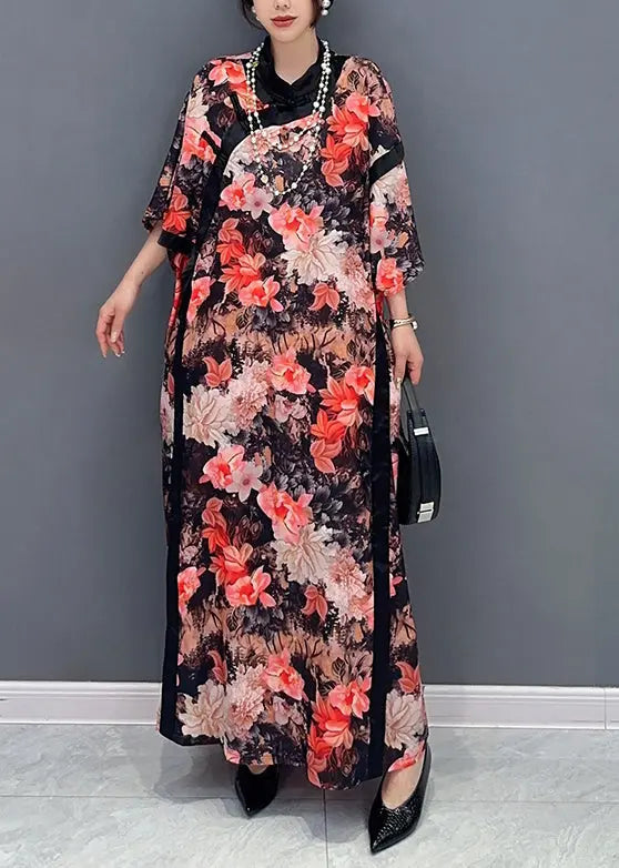 Plus Size Chinese Style Red Stand Collar Print Chiffon Dresses Fall Ada Fashion