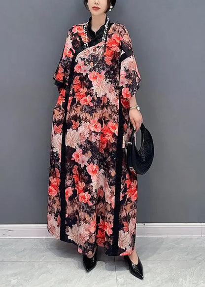 Plus Size Chinese Style Red Stand Collar Print Chiffon Dresses Fall Ada Fashion