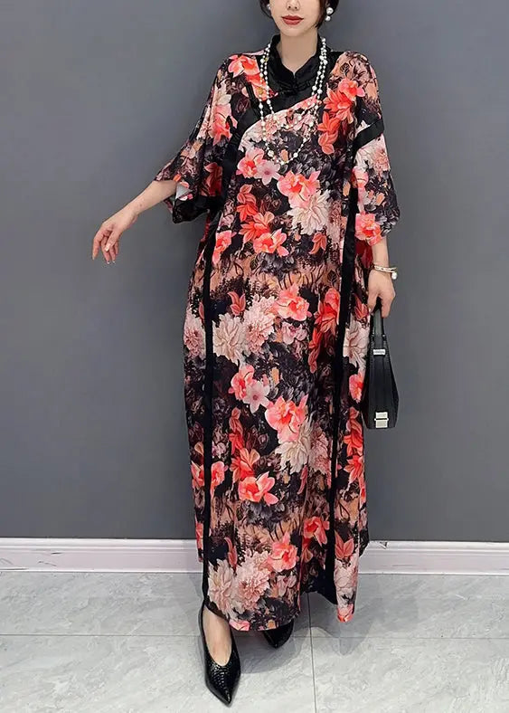 Plus Size Chinese Style Red Stand Collar Print Chiffon Dresses Fall Ada Fashion