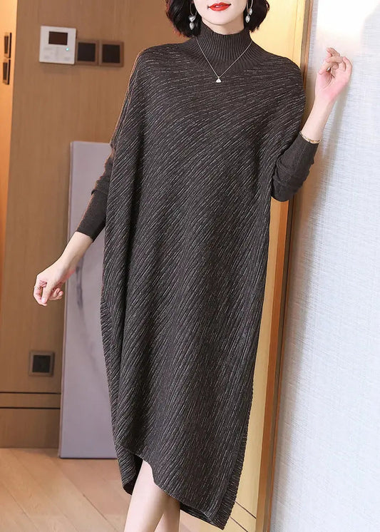 Plus Size Chocolate Hign Neck Patchwork Woolen Sweater Dress Winter Ada Fashion