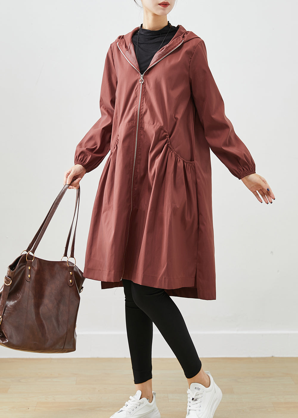 Plus Size Chocolate Hooded Pockets Cotton Coats Fall Ada Fashion