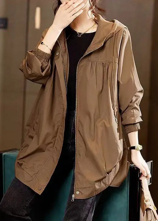 Plus Size Coffee Hooded Pockets Patchwork Cotton Coats Fall Ada Fashion