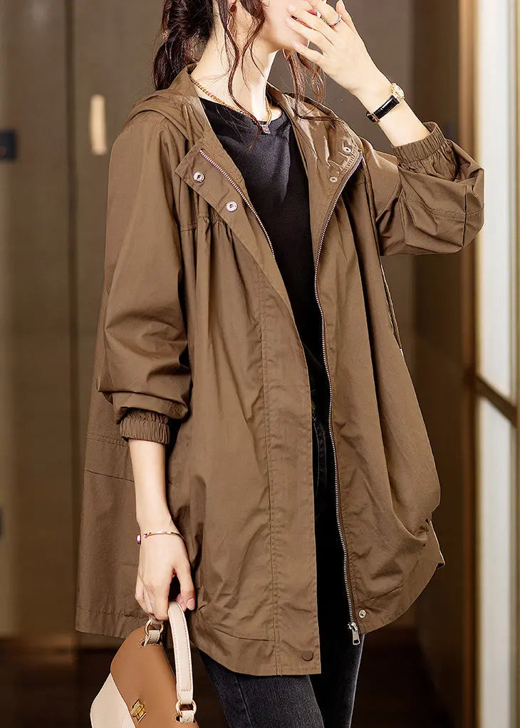 Plus Size Coffee Hooded Pockets Patchwork Cotton Coats Fall Ada Fashion