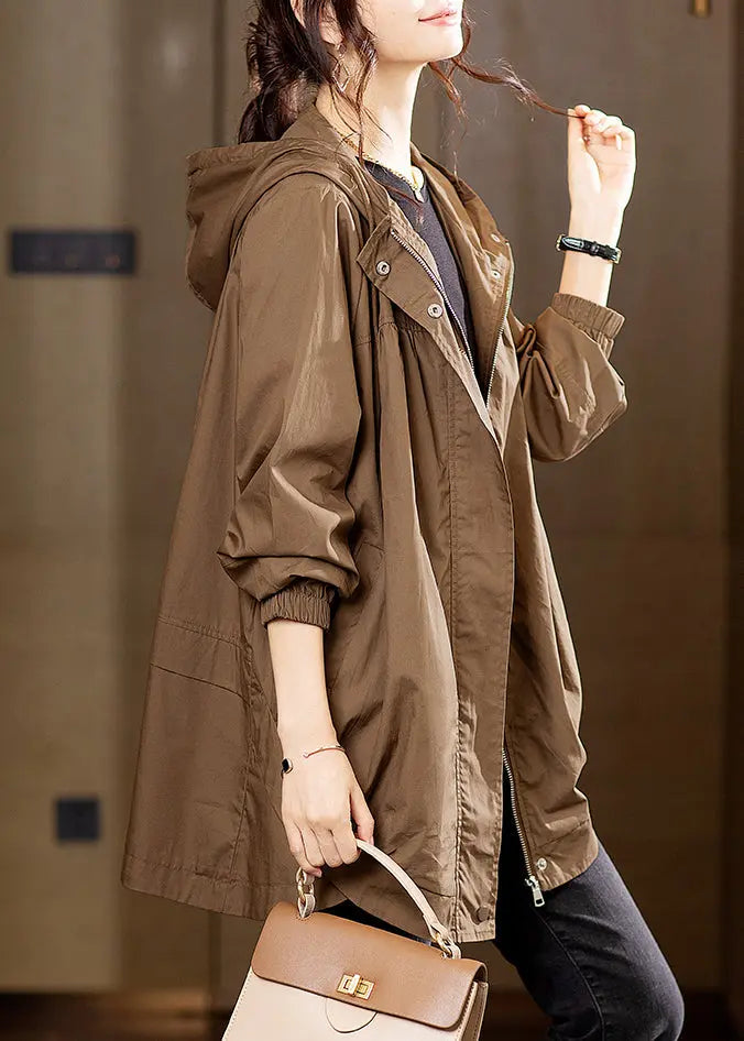 Plus Size Coffee Hooded Pockets Patchwork Cotton Coats Fall Ada Fashion