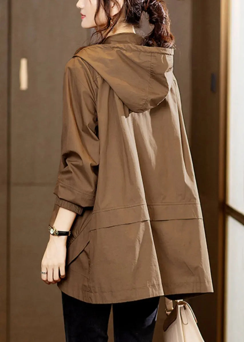 Plus Size Coffee Hooded Pockets Patchwork Cotton Coats Fall Ada Fashion