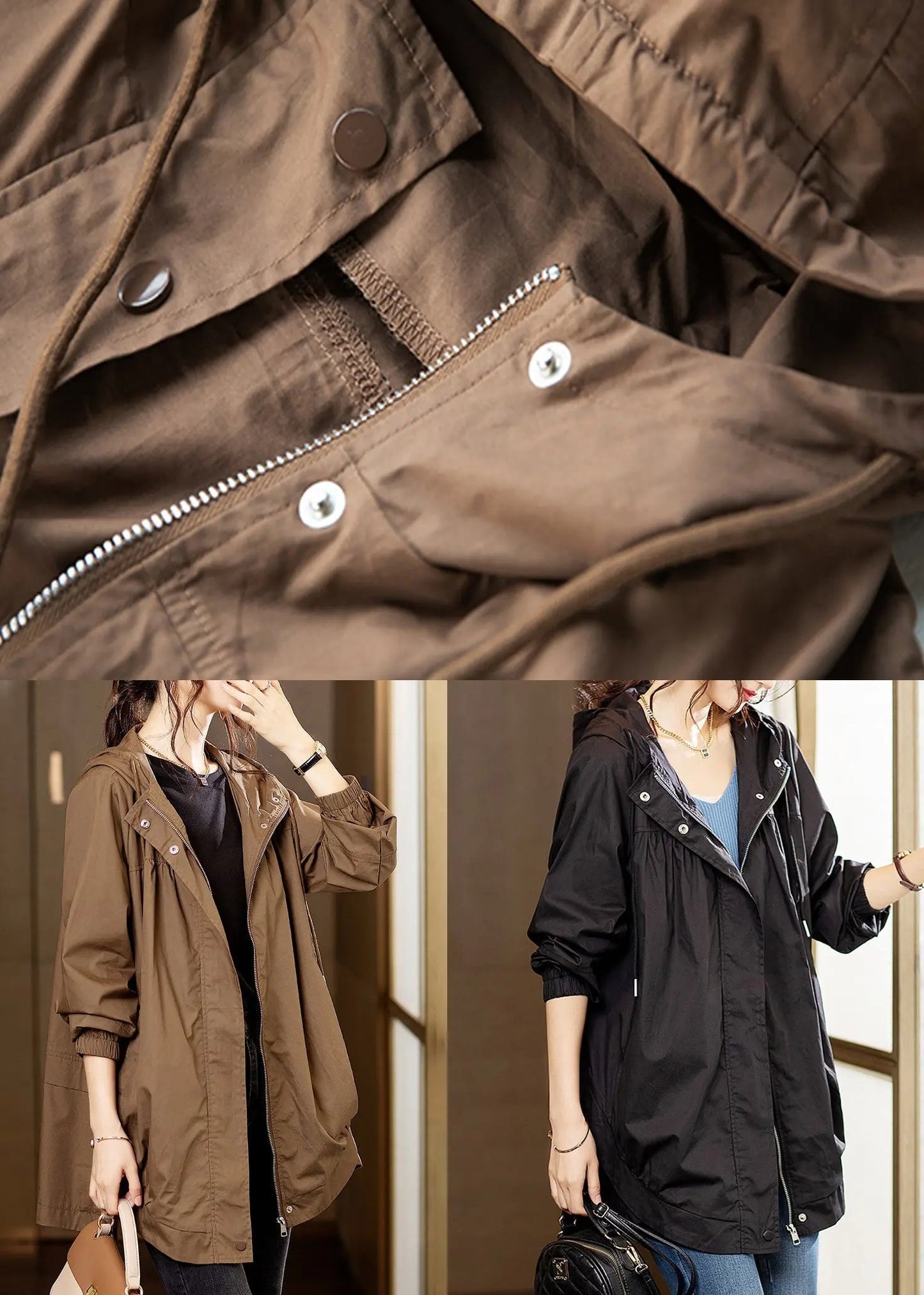Plus Size Coffee Hooded Pockets Patchwork Cotton Coats Fall Ada Fashion